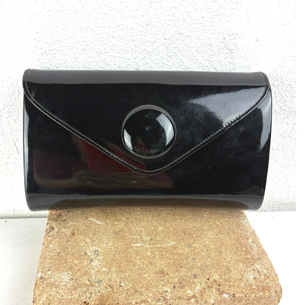 Black Patent Vintage Clutch Bag Large Button Envelope Evening Purse Retro 9.5"
